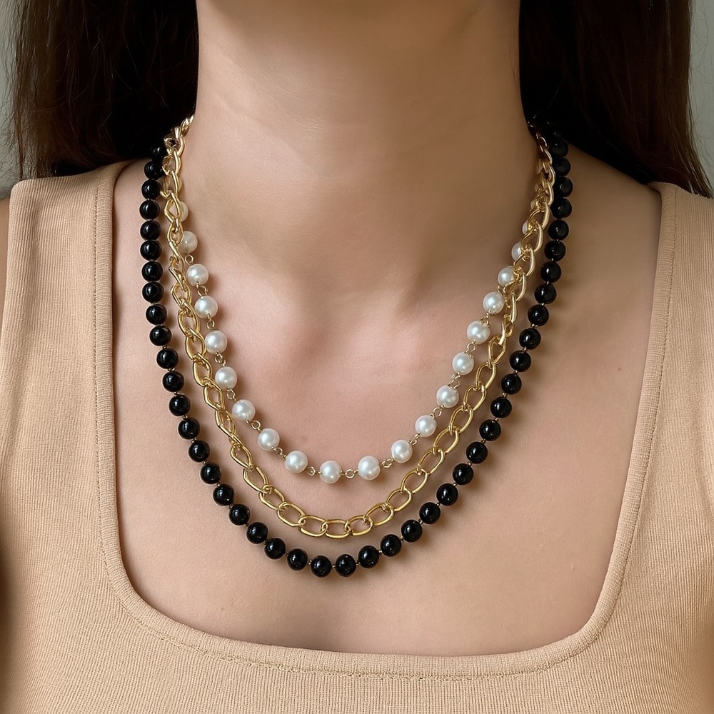 Necklace 3-strand faux pearl black beads gold chain 28” long